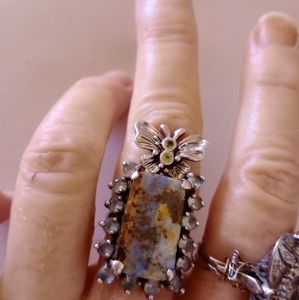 Large Boulder opal with blue topaz Art deco 925 sterling silver ring
